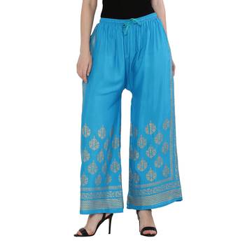 Women Sky Blue Solid Relaxed Gold Print Palazzo Pants with Elastic Drawstring (Free Size) 1