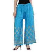 Women Sky Blue Solid Relaxed Gold Print Palazzo Pants with Elastic Drawstring (Free Size)