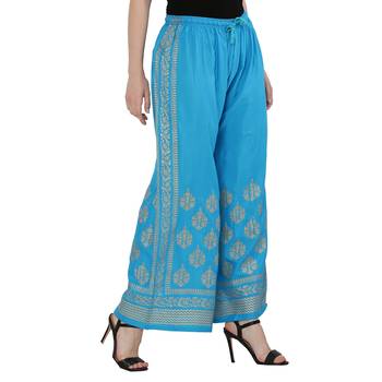 Women Sky Blue Solid Relaxed Gold Print Palazzo Pants with Elastic Drawstring (Free Size) 2