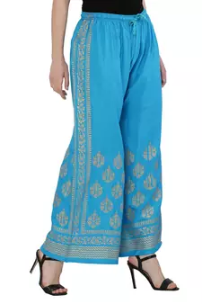 Women Sky Blue Solid Relaxed Gold Print Palazzo Pants with Elastic Drawstring (Free Size)