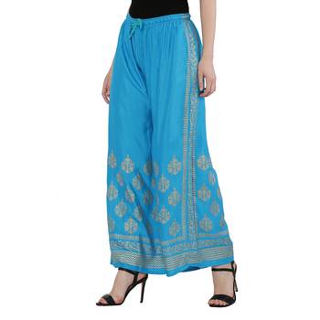 Women Sky Blue Solid Relaxed Gold Print Palazzo Pants with Elastic Drawstring (Free Size) 3