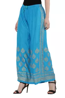Women Sky Blue Solid Relaxed Gold Print Palazzo Pants with Elastic Drawstring (Free Size)