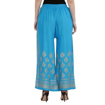 Women Sky Blue Solid Relaxed Gold Print Palazzo Pants with Elastic Drawstring (Free Size) 4