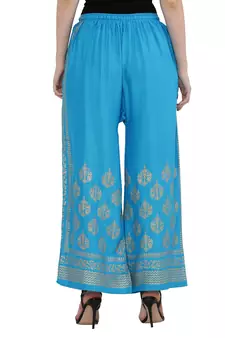 Women Sky Blue Solid Relaxed Gold Print Palazzo Pants with Elastic Drawstring (Free Size)