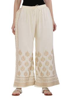 Women Cream Solid Relaxed Gold Print Palazzo Pants with Elastic Drawstring (Free Size)