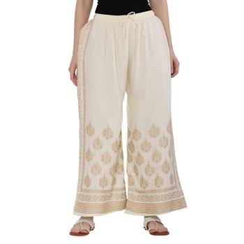 Women Cream Solid Relaxed Gold Print Palazzo Pants with Elastic Drawstring (Free Size) 1