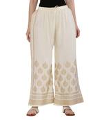 Women Cream Solid Relaxed Gold Print Palazzo Pants with Elastic Drawstring (Free Size)