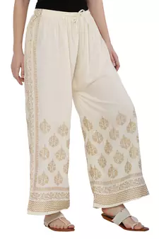 Women Cream Solid Relaxed Gold Print Palazzo Pants with Elastic Drawstring (Free Size)