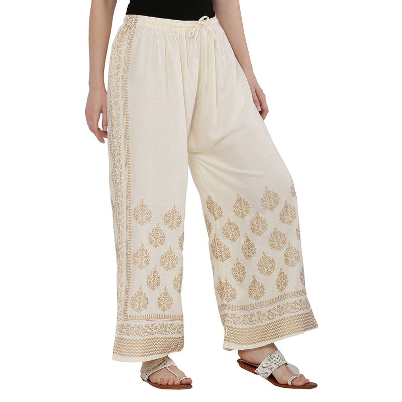 Women Cream Solid Relaxed Gold Print Palazzo Pants with Elastic Drawstring (Free Size)