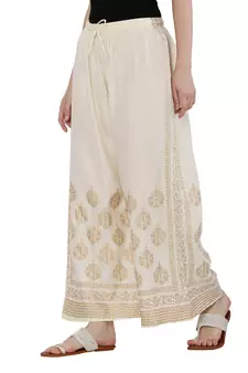 Women Cream Solid Relaxed Gold Print Palazzo Pants with Elastic Drawstring (Free Size)