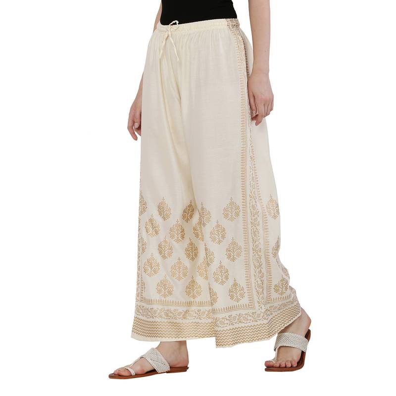 Women Cream Solid Relaxed Gold Print Palazzo Pants with Elastic Drawstring (Free Size)
