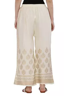 Women Cream Solid Relaxed Gold Print Palazzo Pants with Elastic Drawstring (Free Size)
