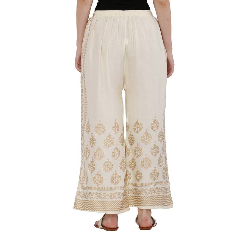 Women Cream Solid Relaxed Gold Print Palazzo Pants with Elastic Drawstring (Free Size)