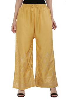 Women Peach Solid Relaxed Gold Print Palazzo Pants with Elastic Drawstring (Free Size)