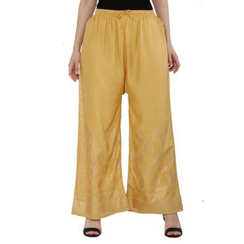 Women Peach Solid Relaxed Gold Print Palazzo Pants with Elastic Drawstring (Free Size) 1