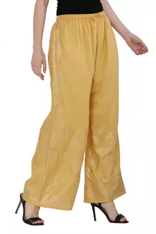 Women Peach Solid Relaxed Gold Print Palazzo Pants with Elastic Drawstring (Free Size)