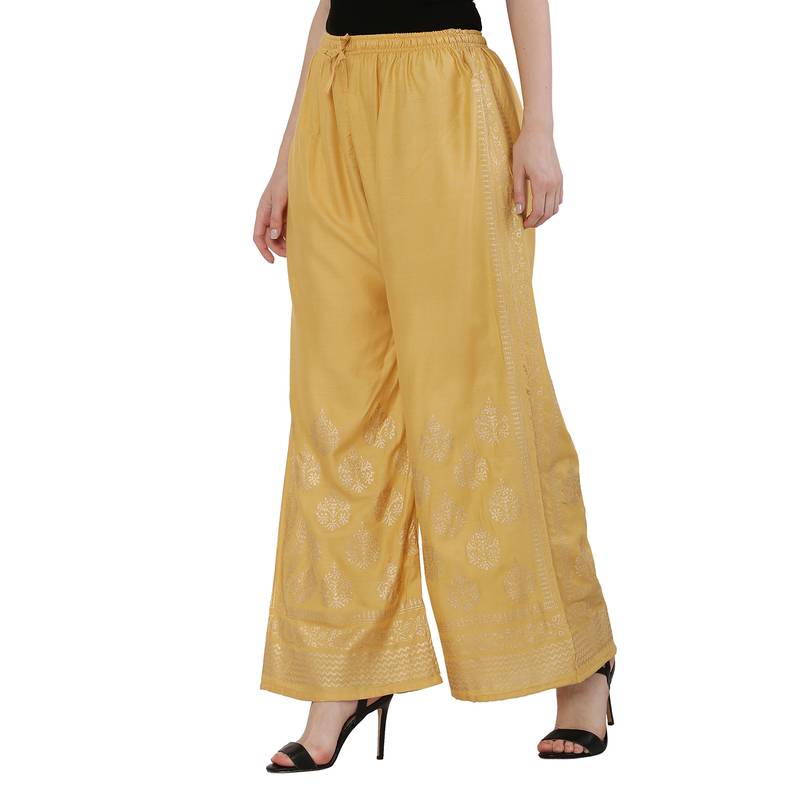 Women Peach Solid Relaxed Gold Print Palazzo Pants with Elastic Drawstring (Free Size)