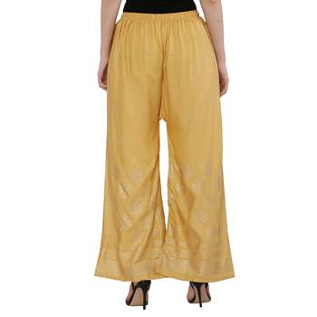 Women Peach Solid Relaxed Gold Print Palazzo Pants with Elastic Drawstring (Free Size) 4