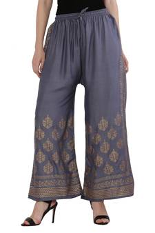 Women Bluish Grey Solid Relaxed Gold Print Palazzo Pants with Elastic Drawstring (Free Size)