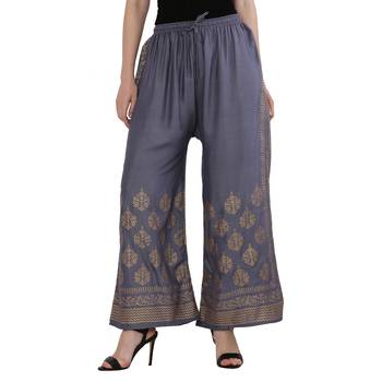Women Bluish Grey Solid Relaxed Gold Print Palazzo Pants with Elastic Drawstring (Free Size) 1
