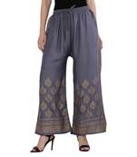 Women Bluish Grey Solid Relaxed Gold Print Palazzo Pants with Elastic Drawstring (Free Size)