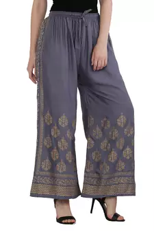 Women Bluish Grey Solid Relaxed Gold Print Palazzo Pants with Elastic Drawstring (Free Size)