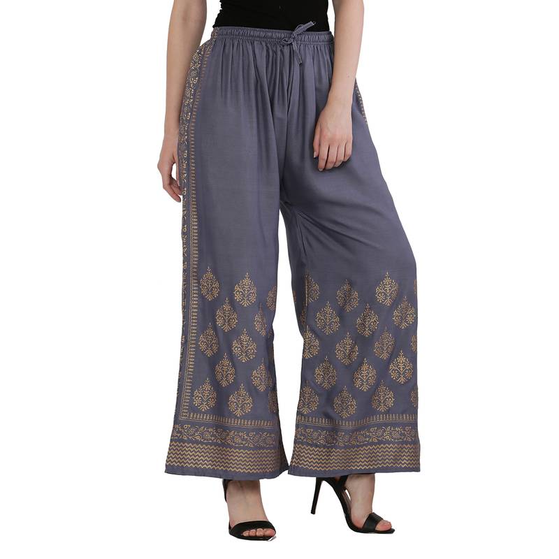 Women Bluish Grey Solid Relaxed Gold Print Palazzo Pants with Elastic Drawstring (Free Size)