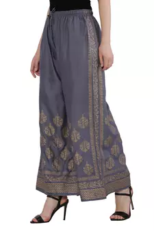 Women Bluish Grey Solid Relaxed Gold Print Palazzo Pants with Elastic Drawstring (Free Size)