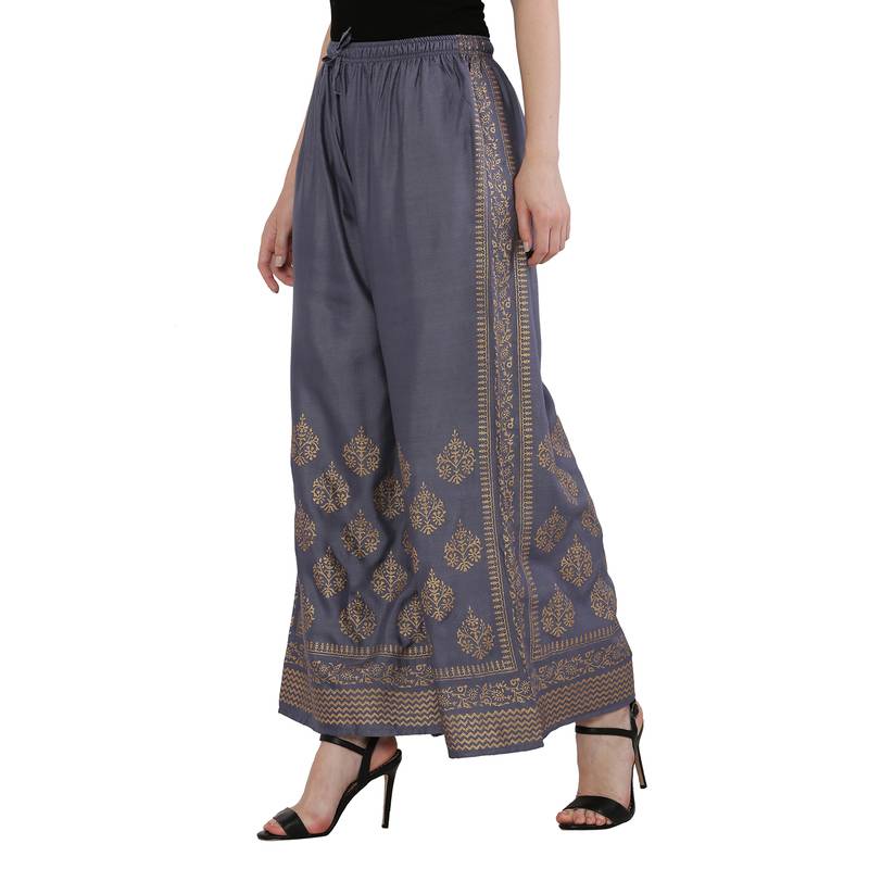 Women Bluish Grey Solid Relaxed Gold Print Palazzo Pants with Elastic Drawstring (Free Size)