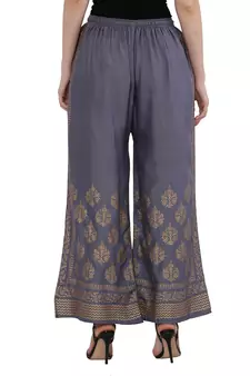 Women Bluish Grey Solid Relaxed Gold Print Palazzo Pants with Elastic Drawstring (Free Size)