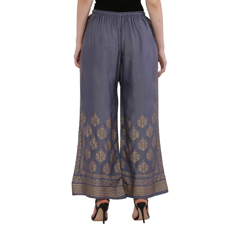 Women Bluish Grey Solid Relaxed Gold Print Palazzo Pants with Elastic Drawstring (Free Size)