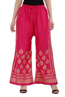 Women Pink Solid Relaxed Gold Print Palazzo Pants with Elastic Drawstring (Free Size)