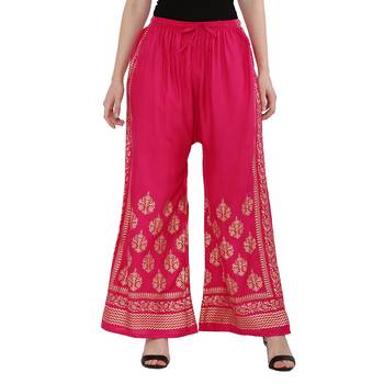 Women Pink Solid Relaxed Gold Print Palazzo Pants with Elastic Drawstring (Free Size) 1
