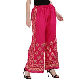 Women Pink Solid Relaxed Gold Print Palazzo Pants with Elastic Drawstring (Free Size) 2