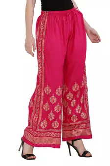 Women Pink Solid Relaxed Gold Print Palazzo Pants with Elastic Drawstring (Free Size)