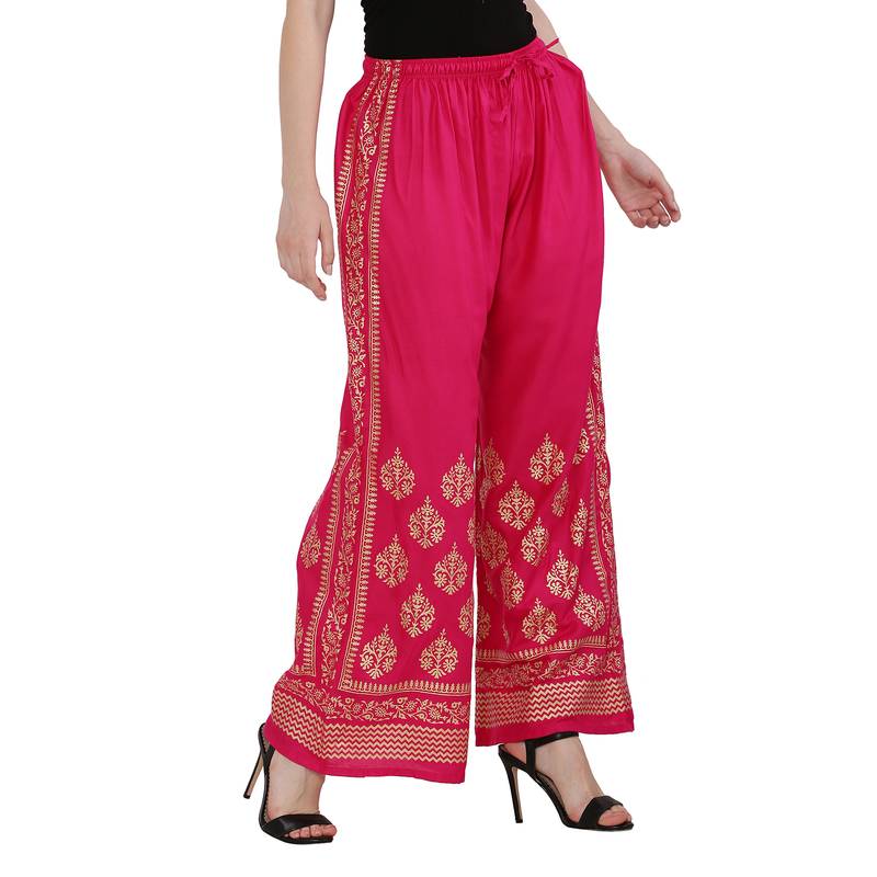 Women Pink Solid Relaxed Gold Print Palazzo Pants with Elastic Drawstring (Free Size)