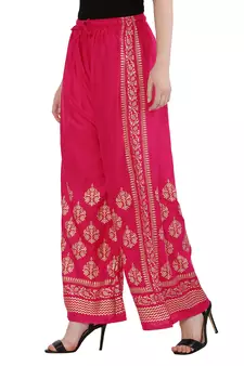 Women Pink Solid Relaxed Gold Print Palazzo Pants with Elastic Drawstring (Free Size)
