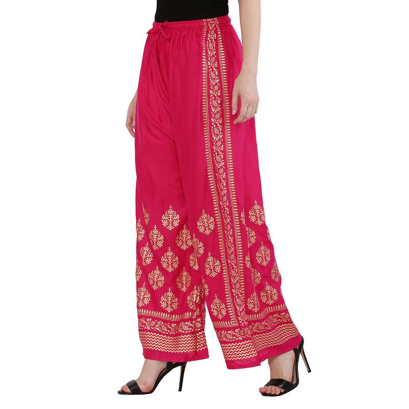 Women Pink Solid Relaxed Gold Print Palazzo Pants with Elastic Drawstring (Free Size)