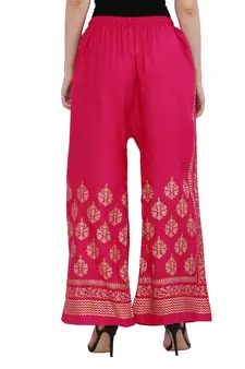Women Pink Solid Relaxed Gold Print Palazzo Pants with Elastic Drawstring (Free Size)