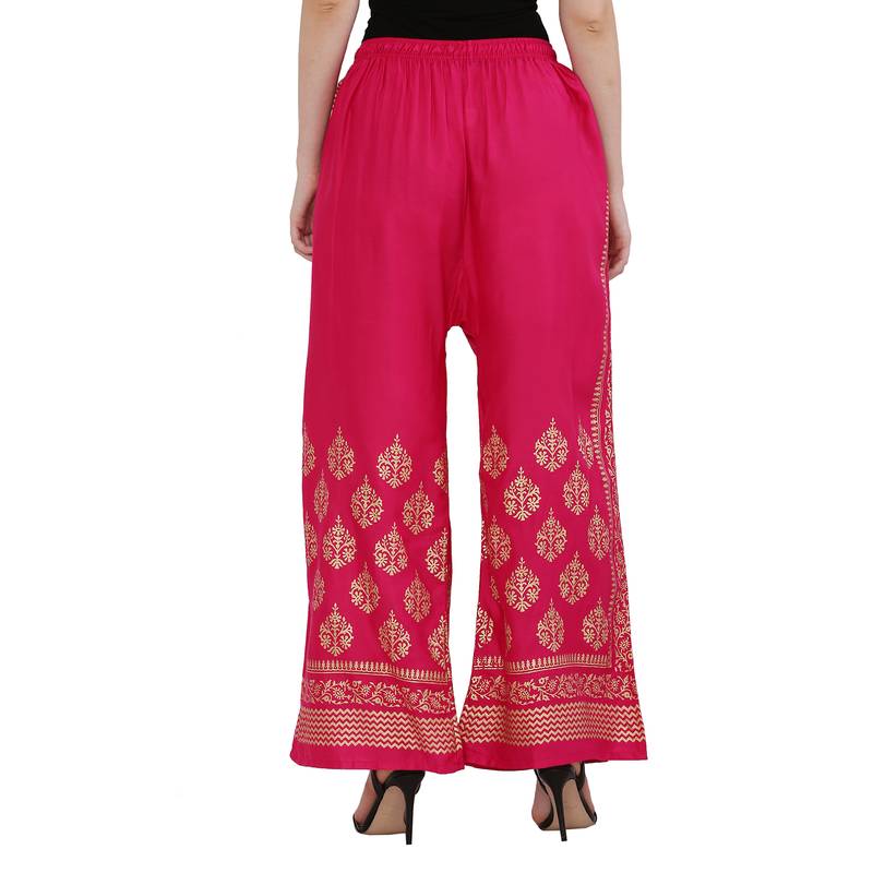 Women Pink Solid Relaxed Gold Print Palazzo Pants with Elastic Drawstring (Free Size)