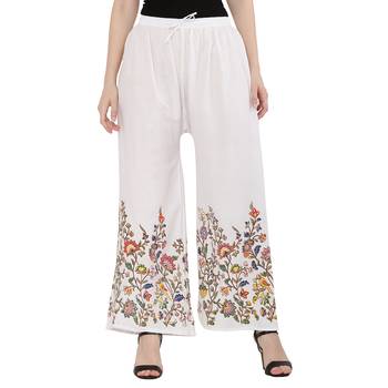 Women White Solid Relaxed Flower Print Rayon Palazzo Pants with Elastic Drawstring (Free Size) 1