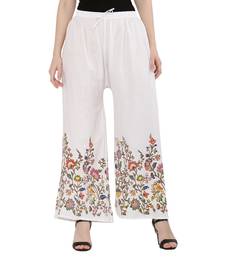Women White Solid Relaxed Flower Print Rayon Palazzo Pants with Elastic Drawstring (Free Size)