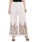 Women White Solid Relaxed Flower Print Rayon Palazzo Pants with Elastic Drawstring (Free Size)