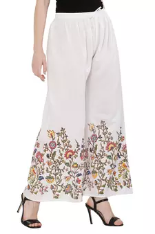 Women White Solid Relaxed Flower Print Rayon Palazzo Pants with Elastic Drawstring (Free Size)