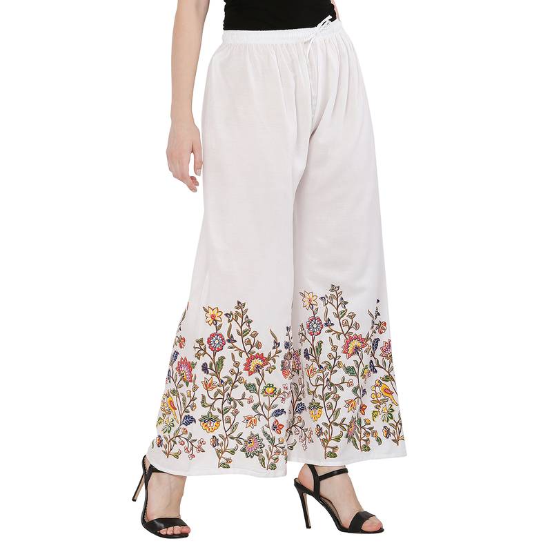 Women White Solid Relaxed Flower Print Rayon Palazzo Pants with Elastic Drawstring (Free Size)