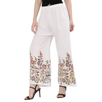 Women White Solid Relaxed Flower Print Rayon Palazzo Pants with Elastic Drawstring (Free Size) 3