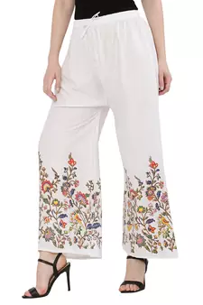 Women White Solid Relaxed Flower Print Rayon Palazzo Pants with Elastic Drawstring (Free Size)