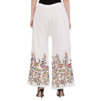 Women White Solid Relaxed Flower Print Rayon Palazzo Pants with Elastic Drawstring (Free Size) 4