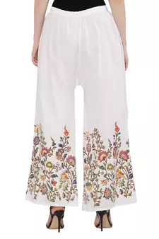 Women White Solid Relaxed Flower Print Rayon Palazzo Pants with Elastic Drawstring (Free Size)