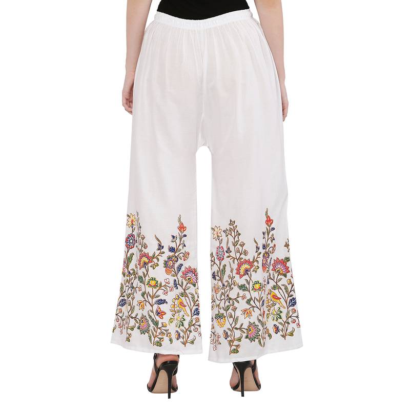 Women White Solid Relaxed Flower Print Rayon Palazzo Pants with Elastic Drawstring (Free Size)